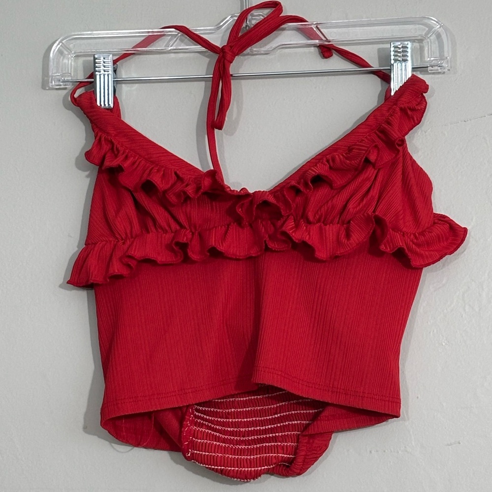 seven seven ruffle crimson halter top M